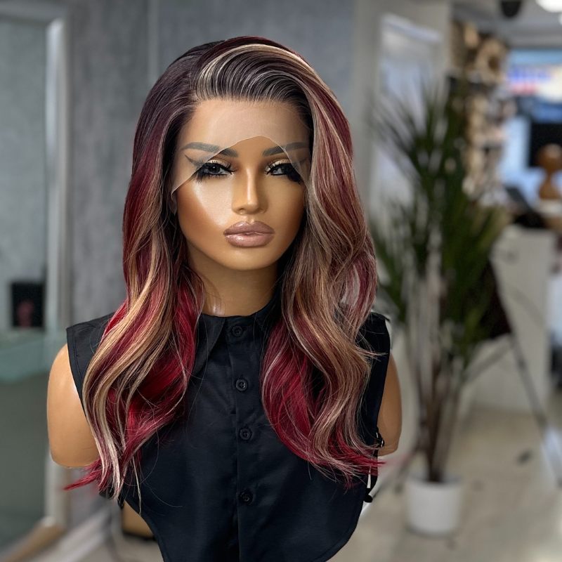 Velvet Rouge -Burgundy Red Lace Front Wig with Blonde Highlights - estellewigsandmore.co.uk
