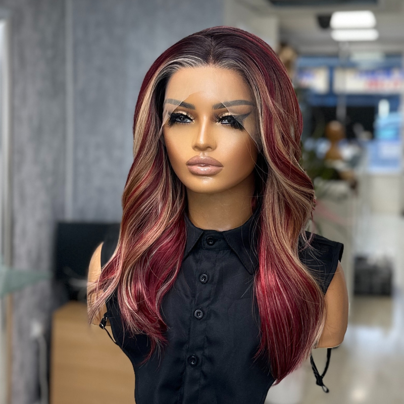 Velvet Rouge -Burgundy Red Lace Front Wig with Blonde Highlights - estellewigsandmore.co.uk
