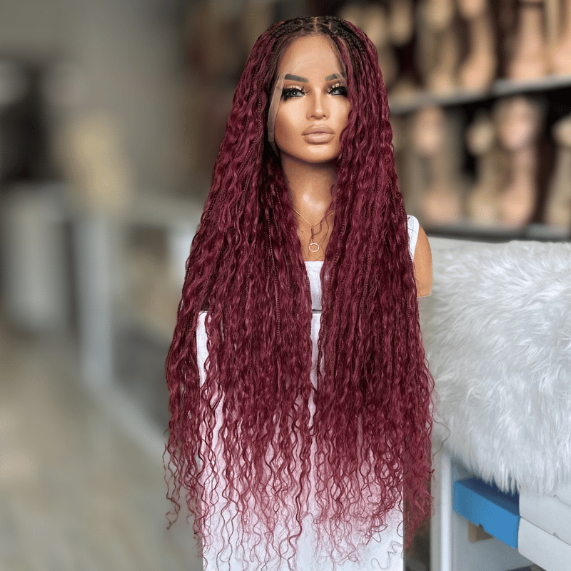 AZORA - 28” Dark Red Goddess/Boho Braids Human Hair Full Lace Wig