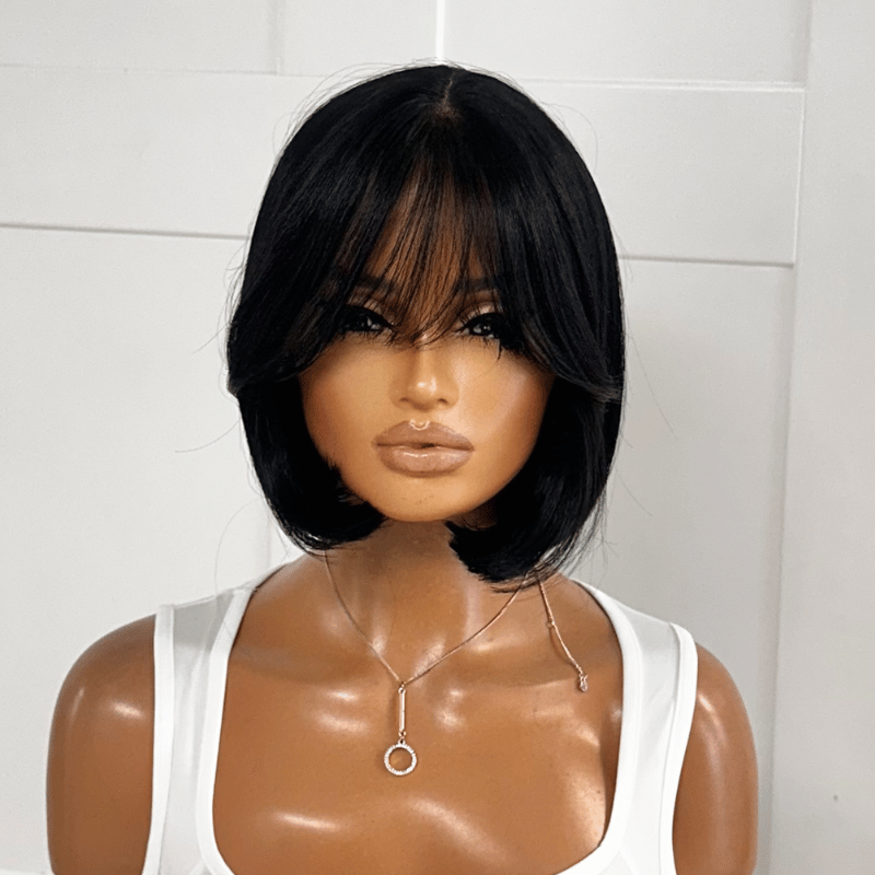 KRIS – 8" Jet Black Bob Wig with Fringe | T-Lace Part Synthetic Wig