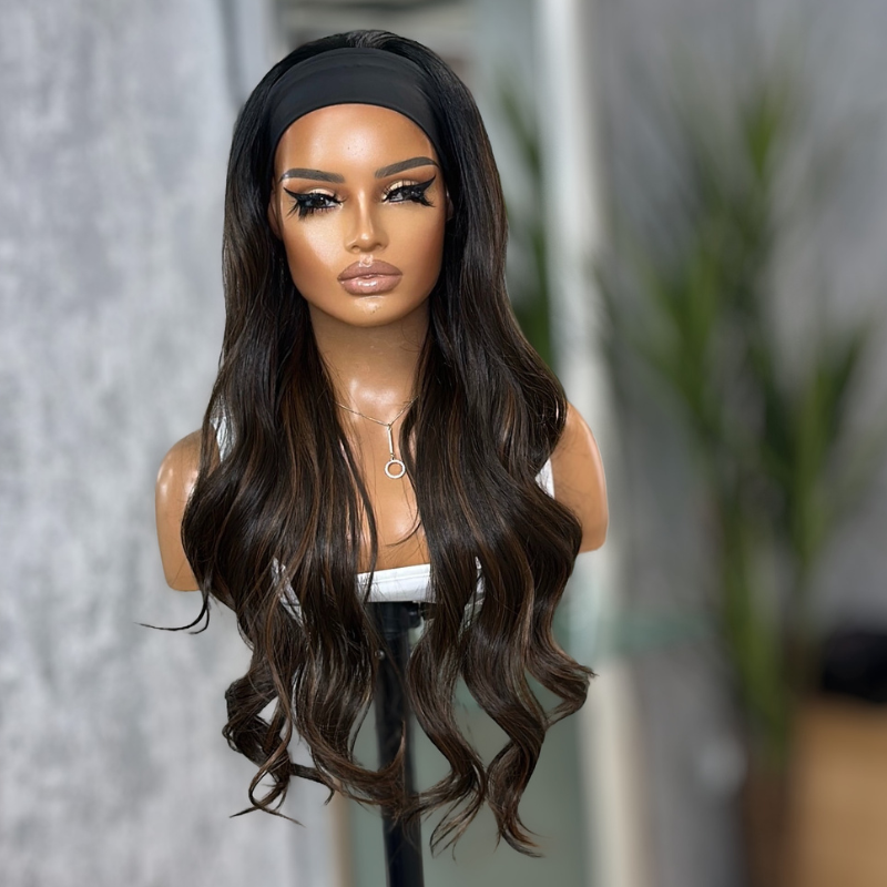 Esme/15 -Rooted Rich Brown|Highlights Wavy Headband Wig