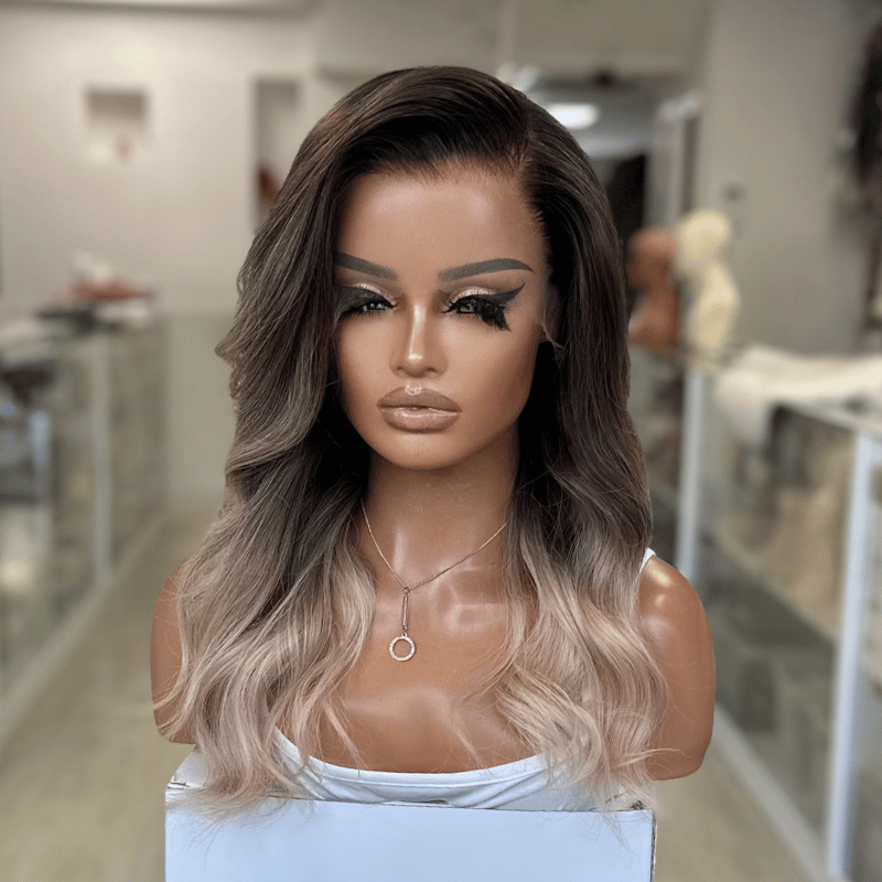 LOLA – 16" Brunette to Beige Blonde Ombre HD Human Hair Lace Wig