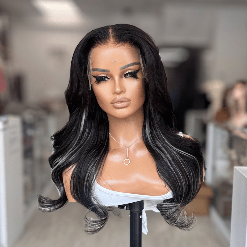 Kirsty- 22" Human Hair Wig 9x6 HD Lace Front Black with Peekaboo Ash Blonde Highlights
