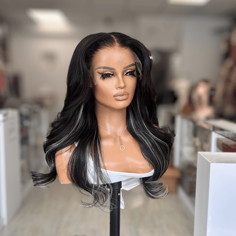Kirsty- 22" Human Hair Wig 9x6 HD Lace Front Black with Peekaboo Ash Blonde Highlights