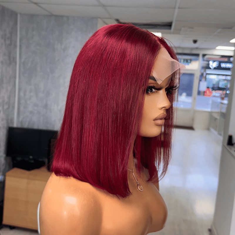 Ruby Noir 12” Dark Red Bob Wig | 5x5 Transparent Lace Closure | 150 Density Human Hair - estellewigsandmore.co.uk