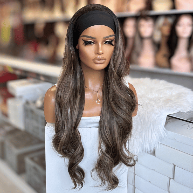 ESME/11-24 inch Mocha Brown / Highlights Wavy Headband Wig