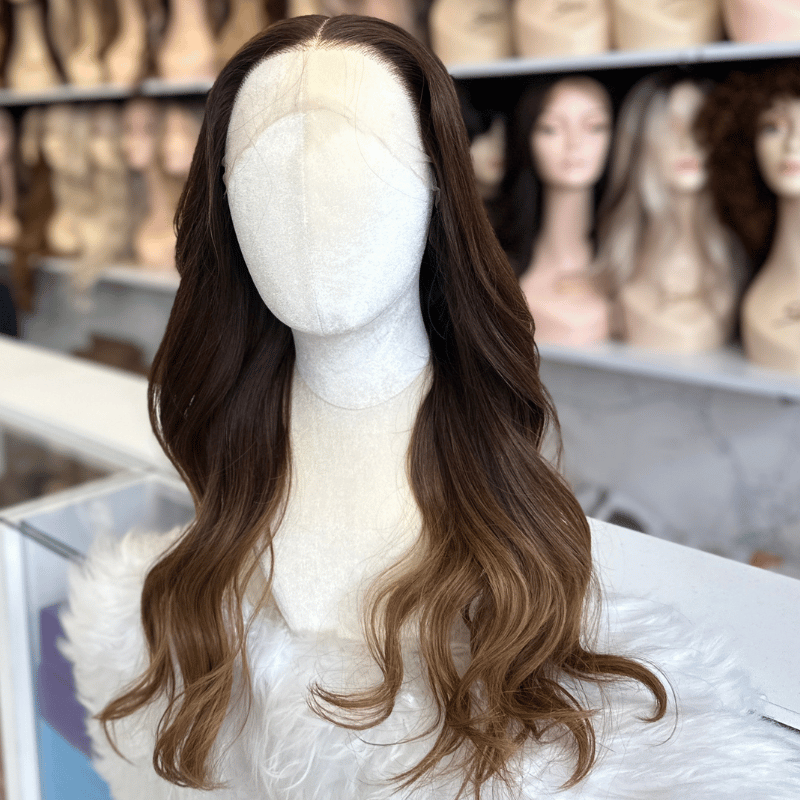 Alara -22” Brunette Caramel Blend Virgin Human Hair Wig - estellewigsandmore.co.uk