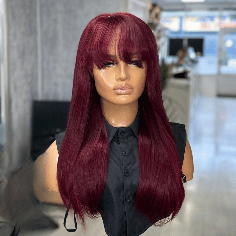 EWD97 - 18'' Dark Red Human Hair Fringe Wig - estellewigsandmore.co.uk