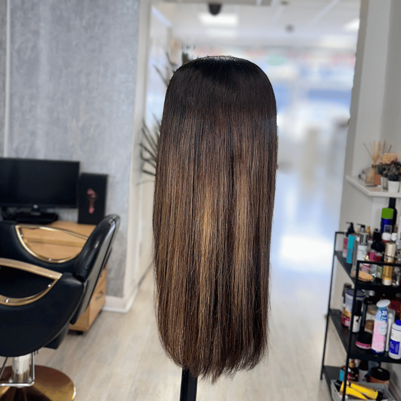 18” Straight U-Part Human Hair Wig – 150% Density Glueless Leave-Out Wig in Brunette with Caramel Highlights - estellewigsandmore.co.uk