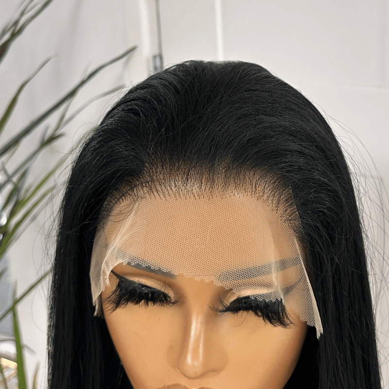 Perruque synthétique noire lisse 360° avec dentelle 30 pouces.