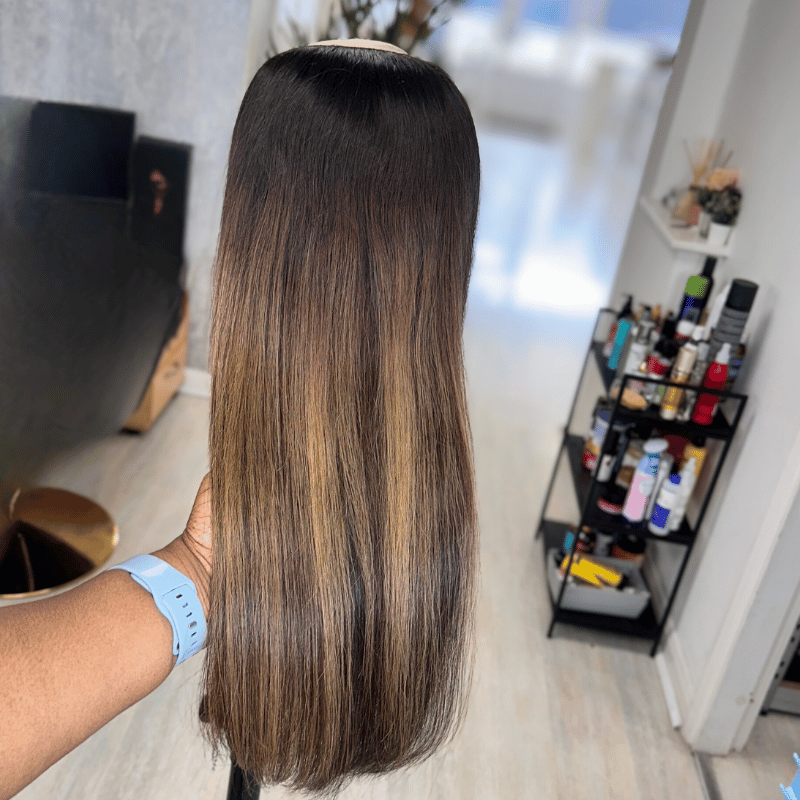 18” Straight U-Part Human Hair Wig – 150% Density Glueless Leave-Out Wig in Brunette with Caramel Highlights - estellewigsandmore.co.uk