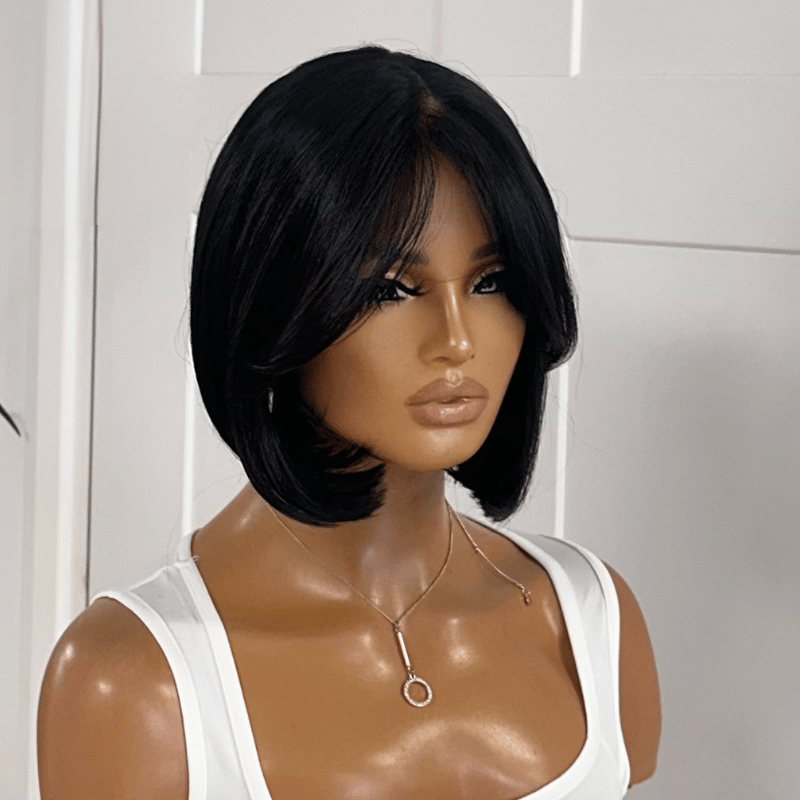 KRIS – 8" Jet Black Bob Wig with Fringe | T-Lace Part Synthetic Wig