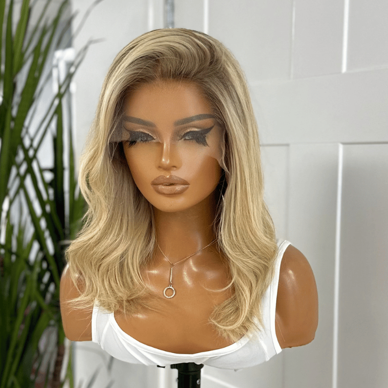 Amber – 12” Rooted Blonde Human Hair Lace Front Wig