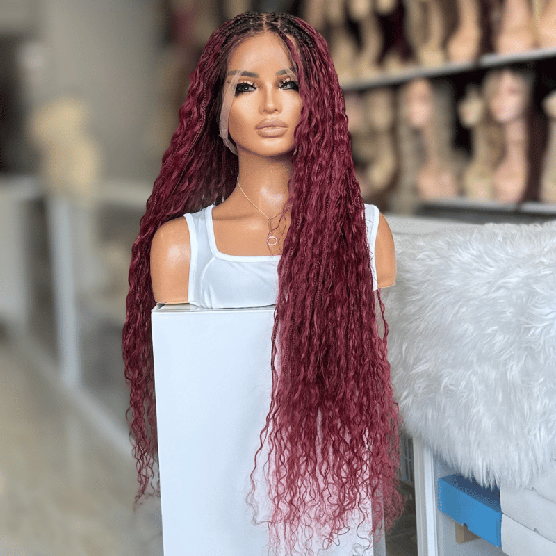AZORA - 28” Dark Red Goddess/Boho Braids Human Hair Full Lace Wig