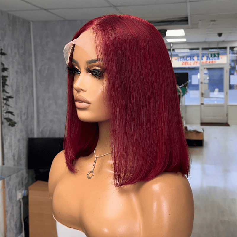 Ruby Noir 12” Dark Red Bob Wig | 5x5 Transparent Lace Closure | 150 Density Human Hair - estellewigsandmore.co.uk