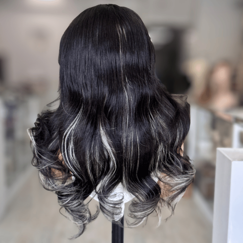 Kirsty- 22" Human Hair Wig 9x6 HD Lace Front Black with Peekaboo Ash Blonde Highlights