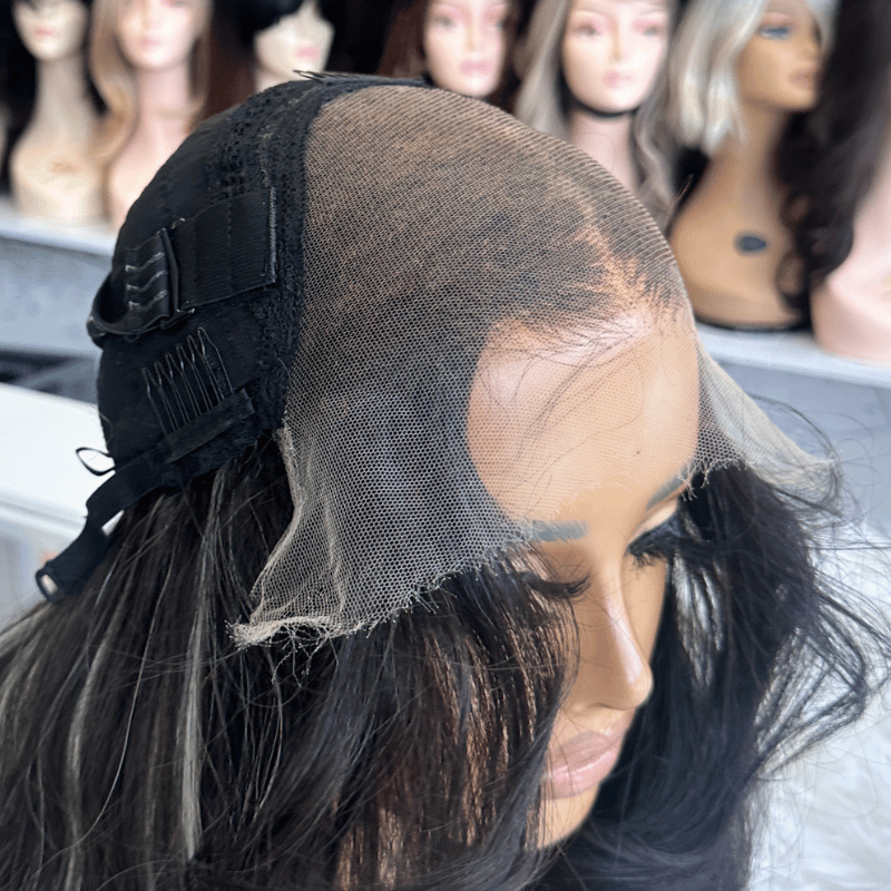 Kirsty- 22" Human Hair Wig 9x6 HD Lace Front Black with Peekaboo Ash Blonde Highlights