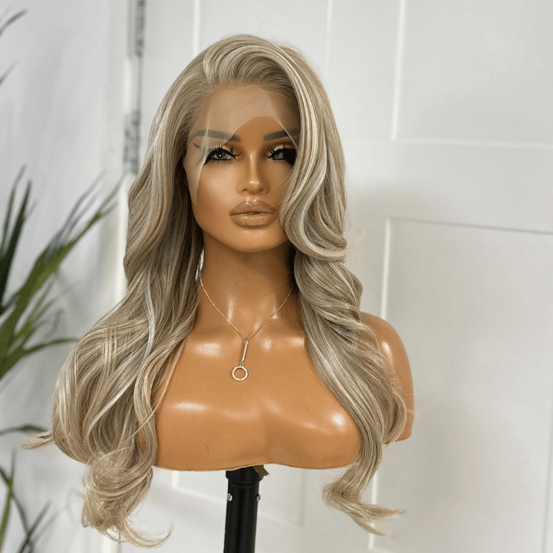 Champagne & Ash Blonde Lace Front Wig | Long Layered Synthetic, Heat Safe-Kerry/09 - estellewigsandmore.co.uk