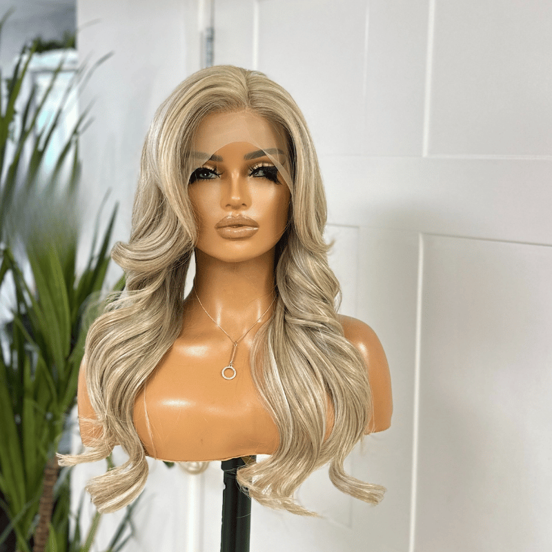 Champagne & Ash Blonde Lace Front Wig | Long Layered Synthetic, Heat Safe-Kerry/09 - estellewigsandmore.co.uk