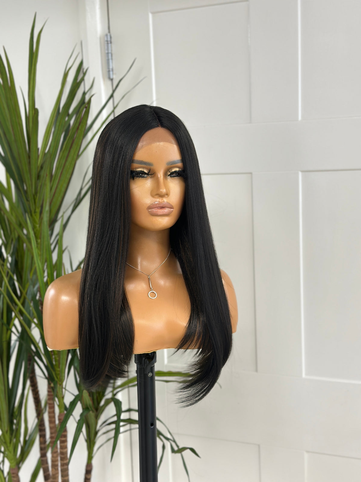 Bob Wig with Silk Base | Natural Black with Blonde Highlights | 18–20”-EWD 41