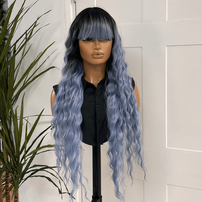 Extra Long Wavy Wig with Full Fringe Pale Blue Ombre Synthetic Wig- EWD 29 - estellewigsandmore.co.uk