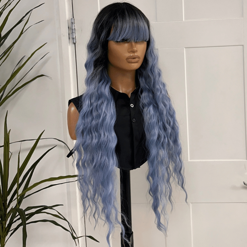 Extra Long Wavy Wig with Full Fringe Pale Blue Ombre Synthetic Wig- EWD 29 - estellewigsandmore.co.uk