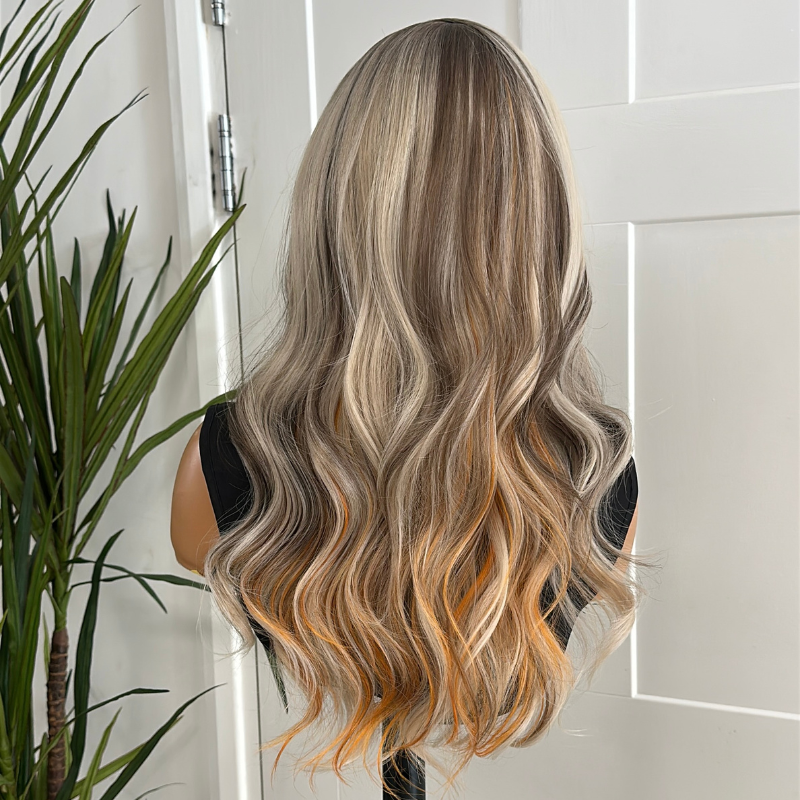 Rooted Blonde & Orange Synthetic  Lace Front Wig | 22” Soft Waves-Marigold - estellewigsandmore.co.uk