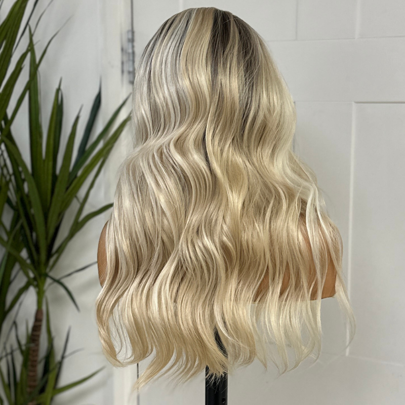 Rooted wavy blonde synthetic wig| 13 by 4 Lace Front-Elle