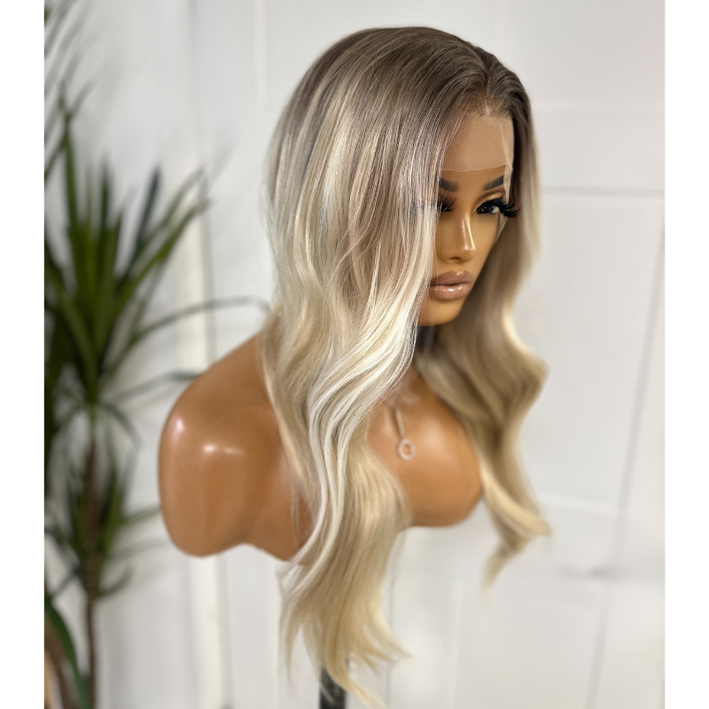 Rooted wavy blonde synthetic wig| 13 by 4 Lace Front-Elle