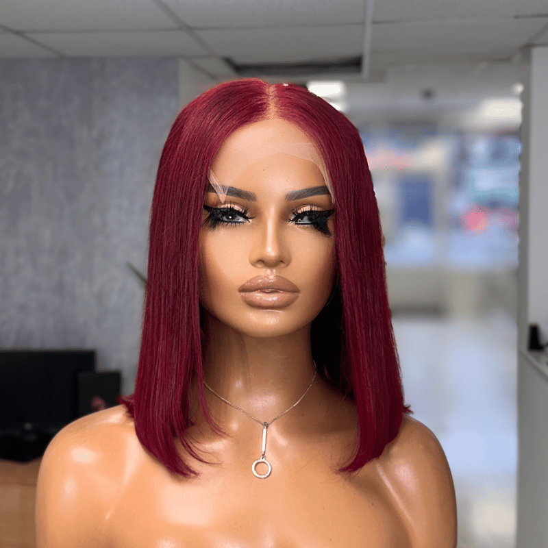 Ruby Noir 12” Dark Red Bob Wig | 5x5 Transparent Lace Closure | 150 Density Human Hair - estellewigsandmore.co.uk