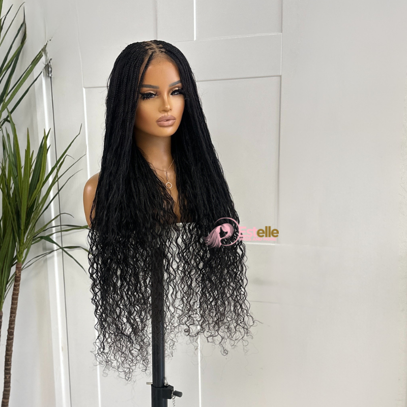 Long Black Boho Braids Human Hair Lace Closure Wig-TIA/1B - estellewigsandmore.co.uk braided wig