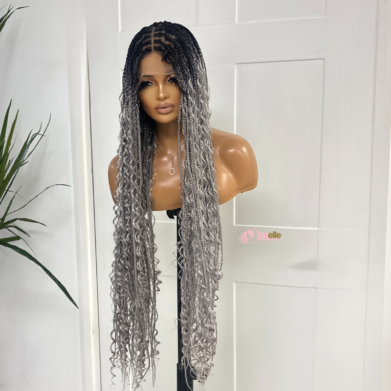 Ombre Grey Long  Boho Braided Full  Lace  Wig -BRASKA T1B/GREY - estellewigsandmore.co.uk