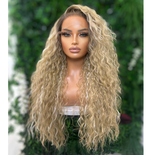 CHYNA-Long Curly Rooted Blonde Lace Front Synthetic Wig - estellewigsandmore.co.uk