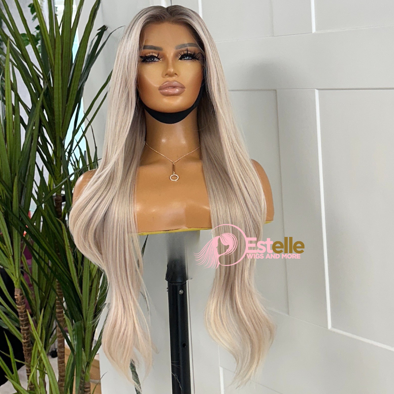 Light Ash Brown Rooted Milky Blonde Straight Synthetic Lace Front Wig – DUCHESS - estellewigsandmore.co.uk