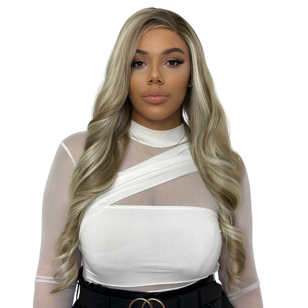 Long Wavy Mixed Blonde Synthetic Lace Front Wig—DULCE - estellewigsandmore.co.uk Synthetic Lace front wig
