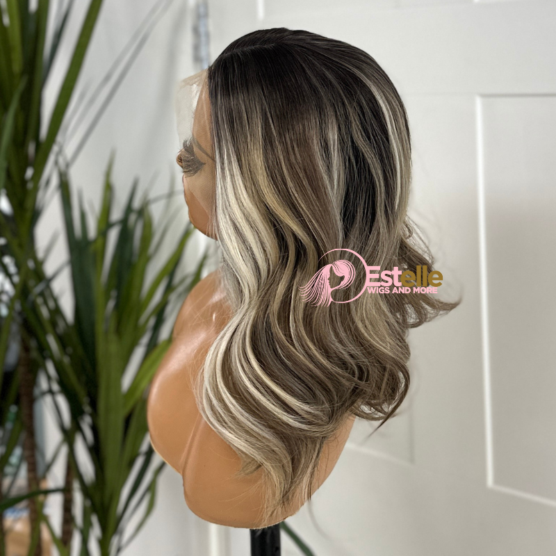 Rooted Ash Brown/Blonde Balayage Synthetic Lace Front Wig- Zoe - estellewigsandmore.co.uk Synthetic Lace front wig