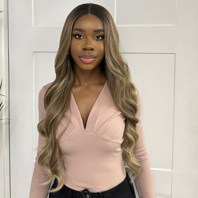 Rooted Brown Blonde Mix Long Synthetic Lace Front Wig-DULCE - estellewigsandmore.co.uk