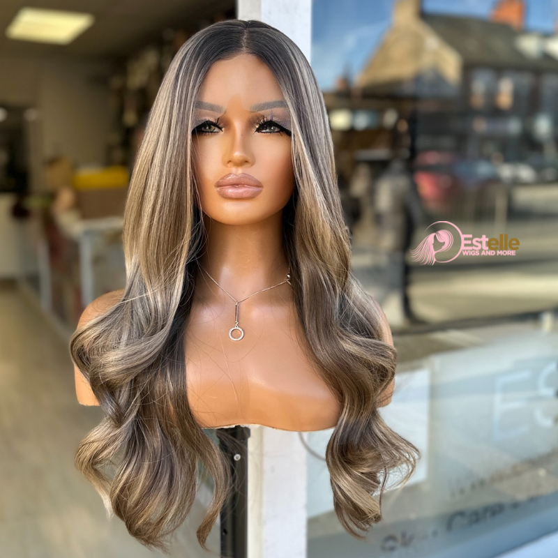 Rooted Mixed Caramel Brown/ blonde Wavy Synthetic Lace Front Wig-CLAIRE - estellewigsandmore.co.uk