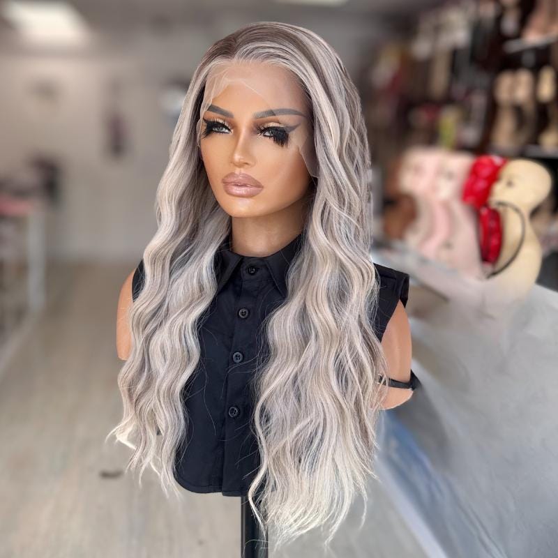 Toria -Wavy Rooted Icey Blonde Lace Front Wig