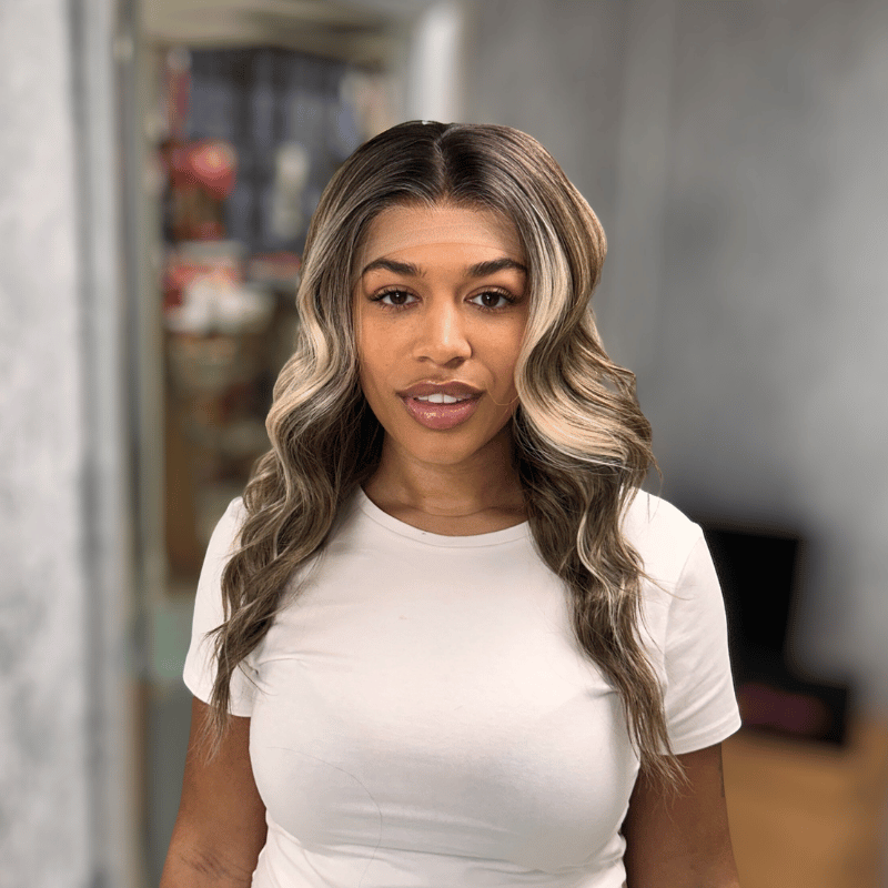 Ash Brown Wavy Lace Front Wig with Icy Blonde Money Piece-Arden - estellewigsandmore.co.uk