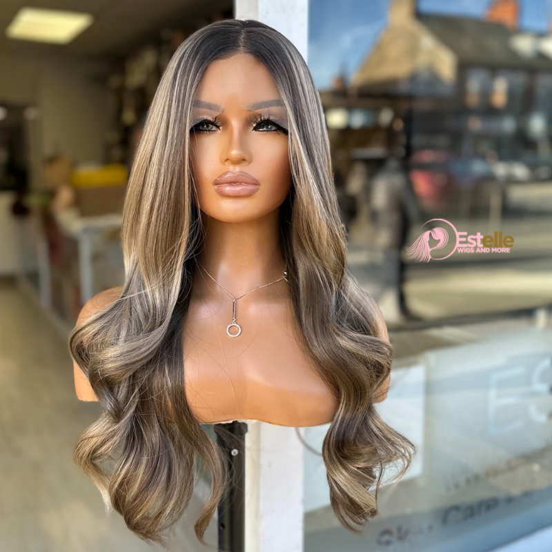 Rooted  Mixed Caramel Brown/ blonde Wavy Synthetic Lace Front Wig-CLAIRE