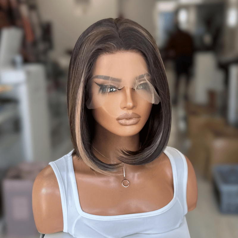 Jade – 10" Highlighted Mocha Brunette Bob | 13×6 Lace Front Synthetic Wig