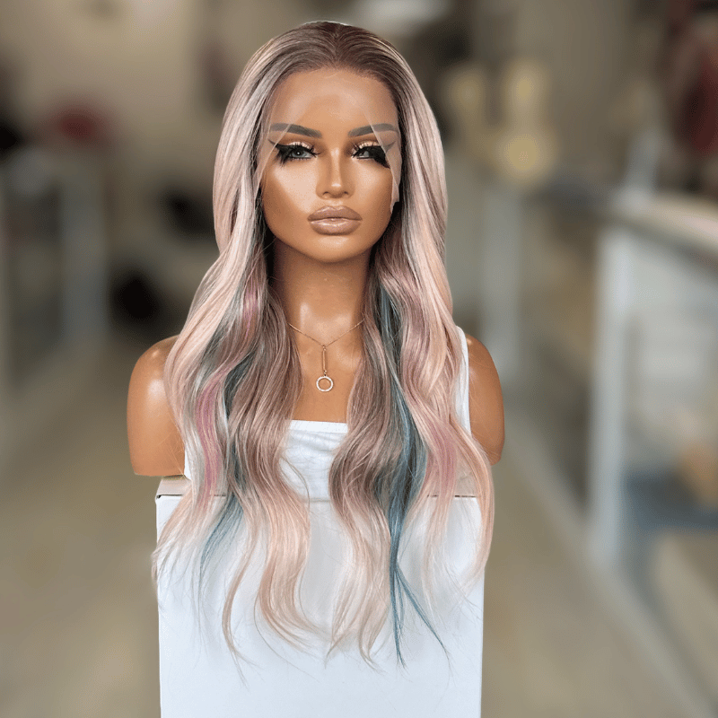 Fleur 101 - Rooted Pink Mix Wavy Synthetic Lace Front Wig