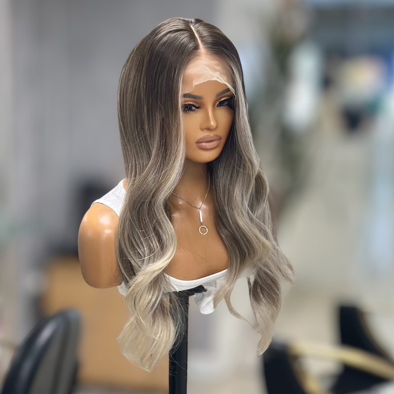 Sabine – Smoky Champagne Balayage 13x4  Long Wavy Synthetic Lace Front Wig