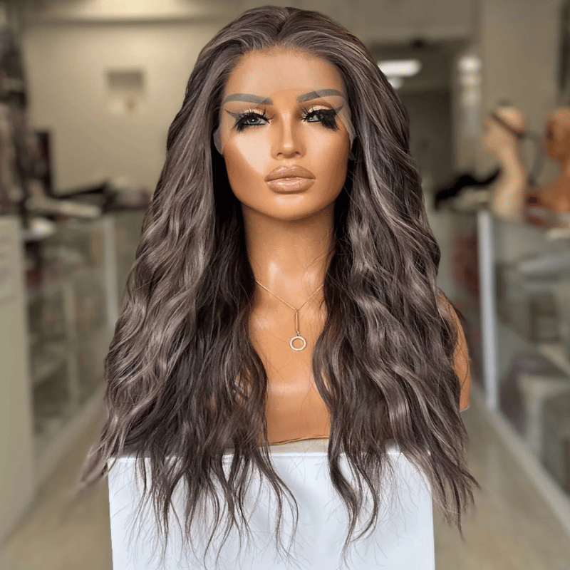 Toria - Dark Ash Brown Synthetic Lace Front Wig with Highlights - estellewigsandmore.co.uk
