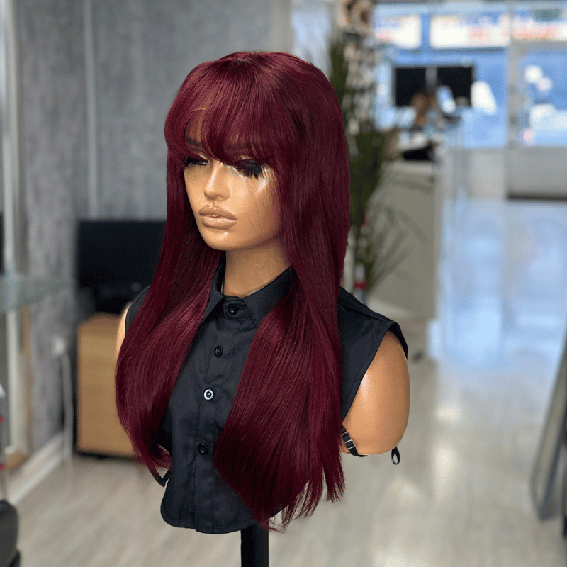 EWD97 - 18'' Dark Red Human Hair Fringe Wig - estellewigsandmore.co.uk