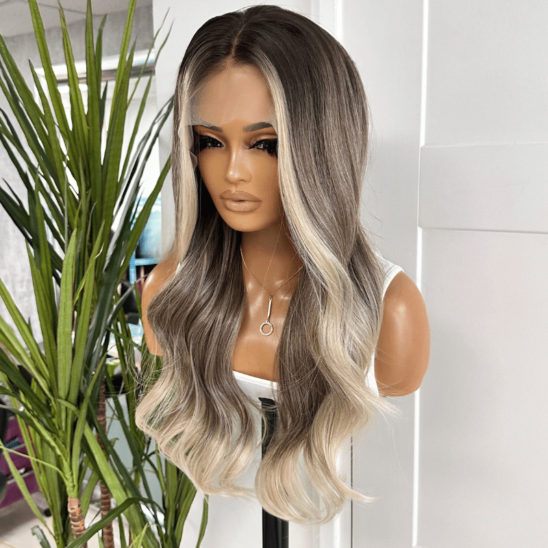 Sabine – Smoky Champagne Balayage 13x4  Long Wavy Synthetic Lace Front Wig