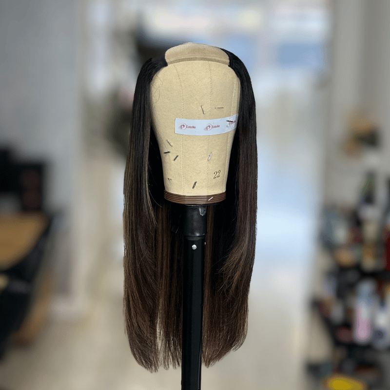 18” Straight U-Part Human Hair Wig – 150% Density Glueless Leave-Out Wig in Brunette with Caramel Highlights - estellewigsandmore.co.uk