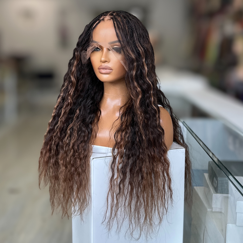 Azaria-24'' Full Lace Goddess Braided Human Hair Wig | Natural Black Brown &amp; Auburn Blend
