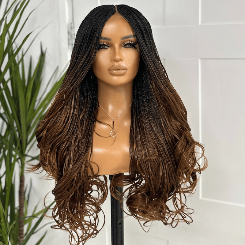 24 inches Black/Auburn  Layered French Curl  Braided Wig | Ready to ship -KB/04